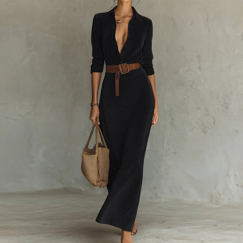 Autumn Turn Down Collar Buttons Sexy Maxi Dress Women Elegant Fashion Belt Party Dress 2025 Casual Holiday Solid Ladies Dresses