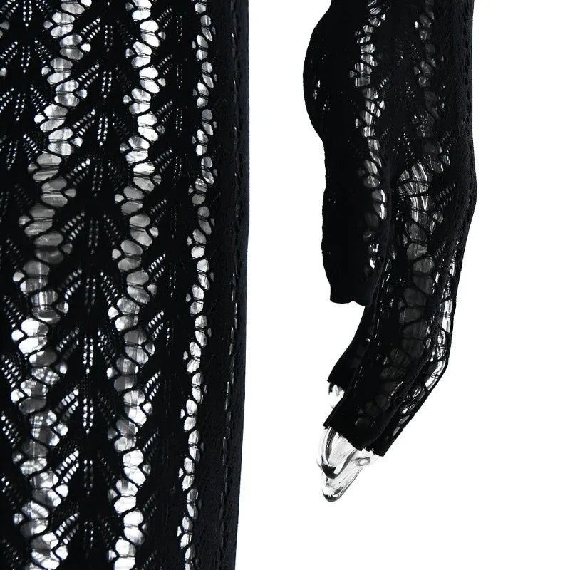 BOOFEENAA See Through Seamless Striped Jacquard One Piece Long Sleeve Jumpsuit Sexy All Black Outfits for Woman Baddie C92-DZ18