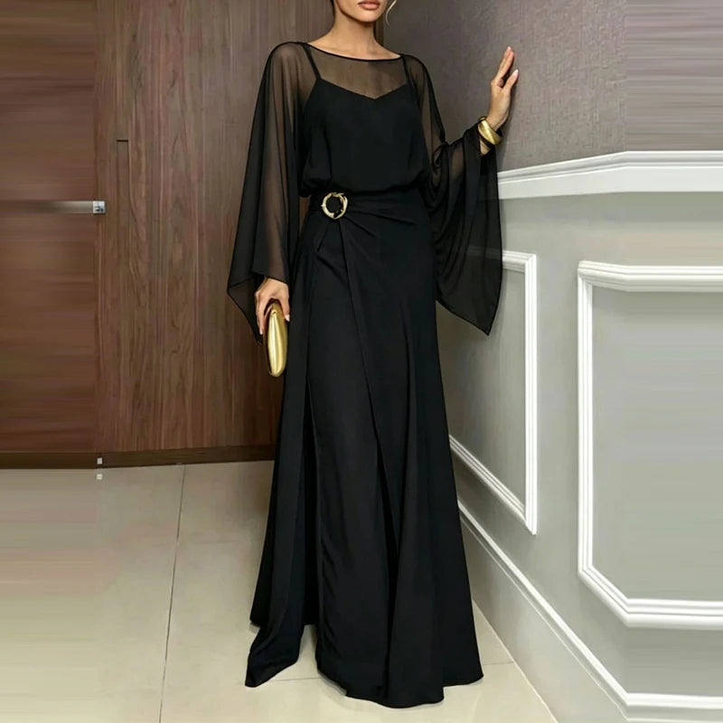 Elegant O-neck Cover Up Playsuit Match Off Shoulder Romper Women Fashion Chiffon Overalls Long Sleeve Solid Wide Legger Jumpsuit