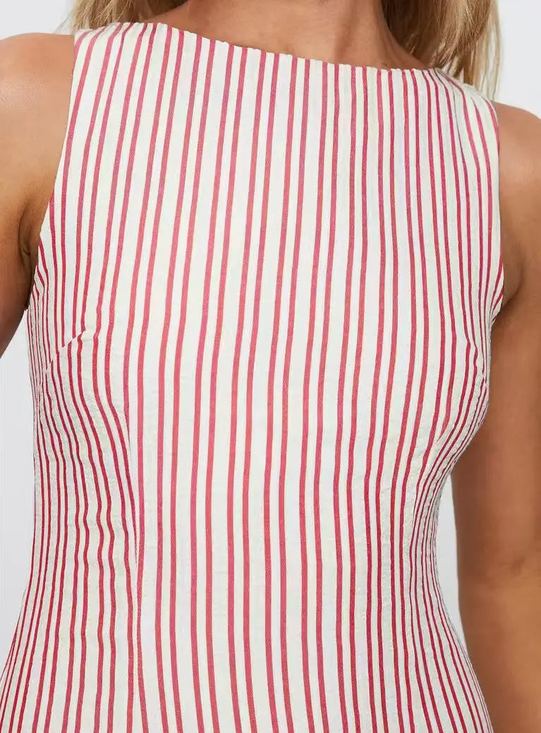 Casual Striped Print Crew Neck Sleeveless Mini Dress for Women