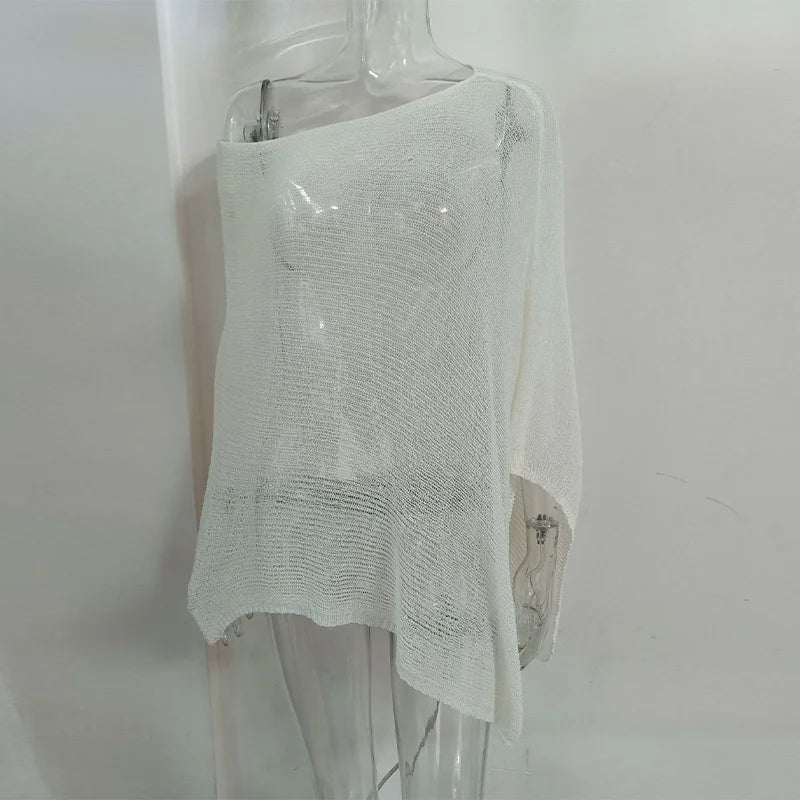 Sheer Knit O Neck Asymmetrical Loose Blouse for Women