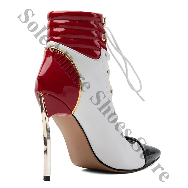 Patent Crisscross Lace Up High Heel Ankle Boots for Women