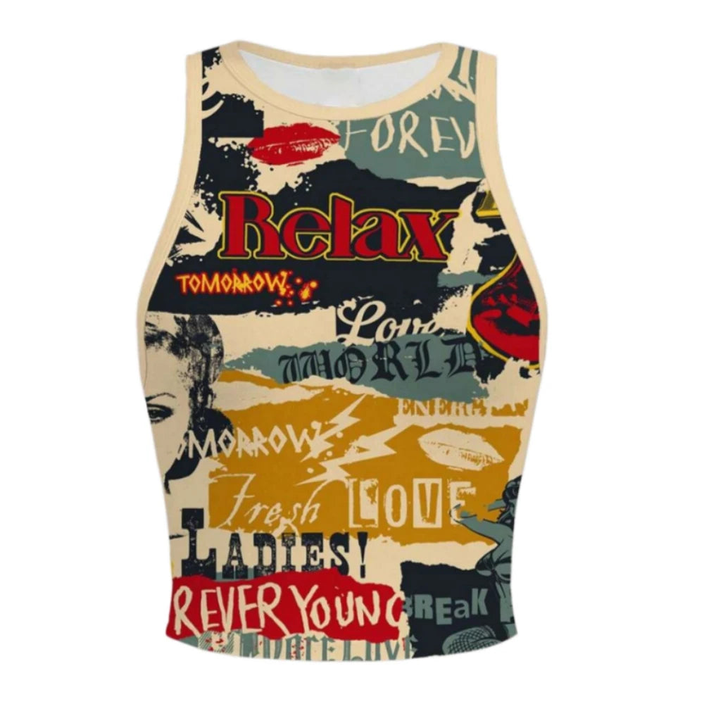 Trendy Letter Print O Neck Sleeveless Two Piece Set for Women