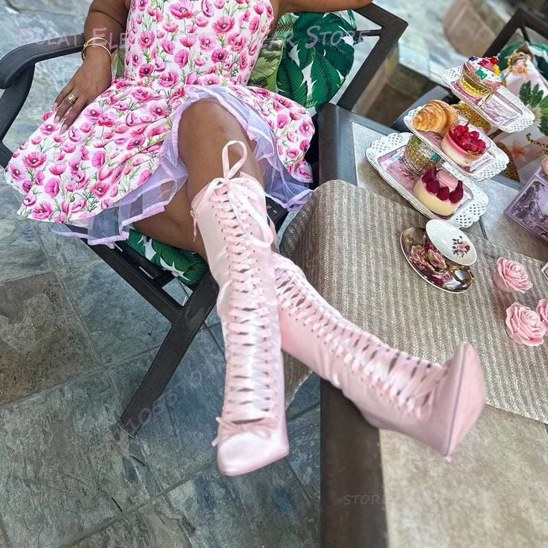 Elegant Light Pink Strappy Stiletto Boots For Women