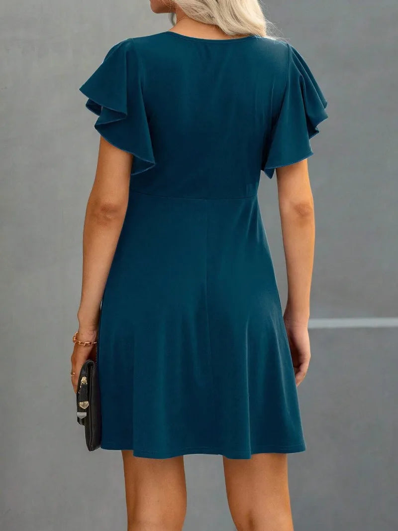 Summer 2025 Women's Dresses Elegant Vintage Ruffle Sleeve Flared A Line Swing Round-Neck Casual Party Cocktail Dress Women Cloth