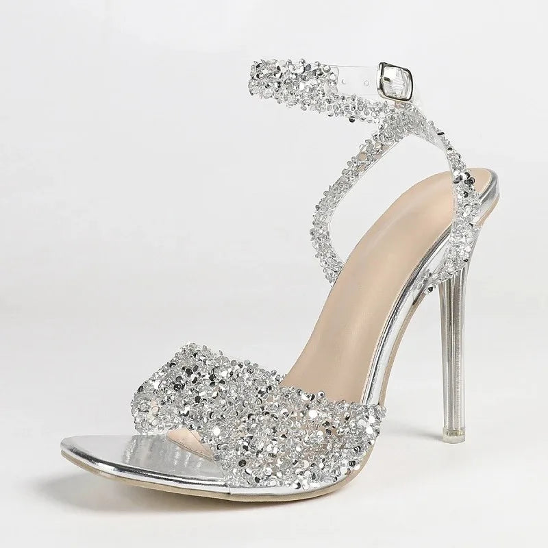 Glitter Rhinestone Ankle Strap High Heel Sandals for Women