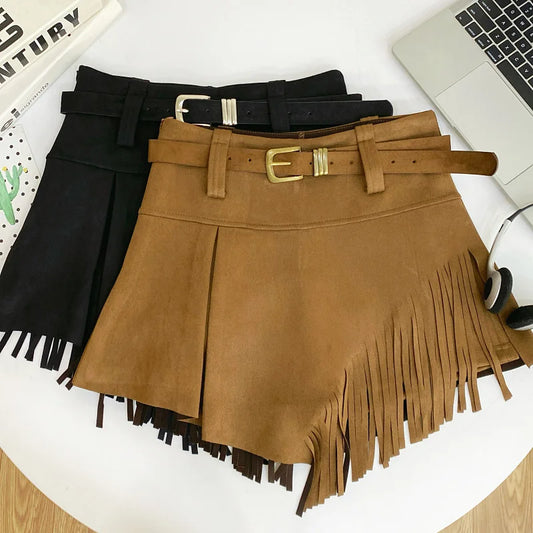 Tassel Detail Faux Suede Shorts