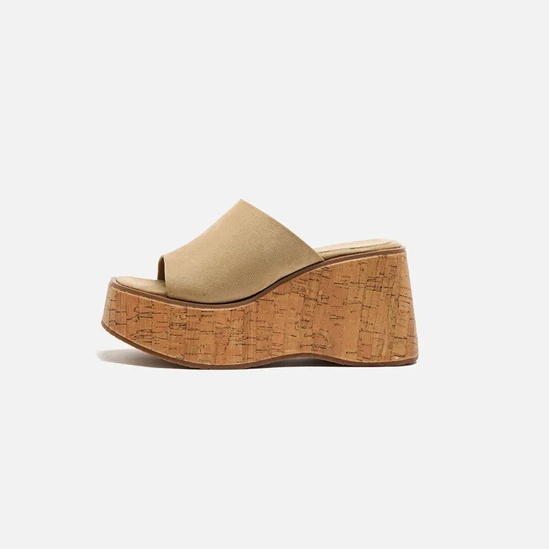 Platform Wood Grain Sandals with Wedge Heels Open Toe for Women