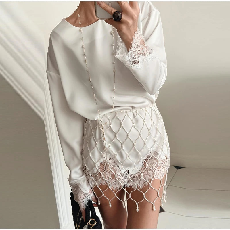 Elegant Lace Patchwork Loose Knee Length Dress for Women