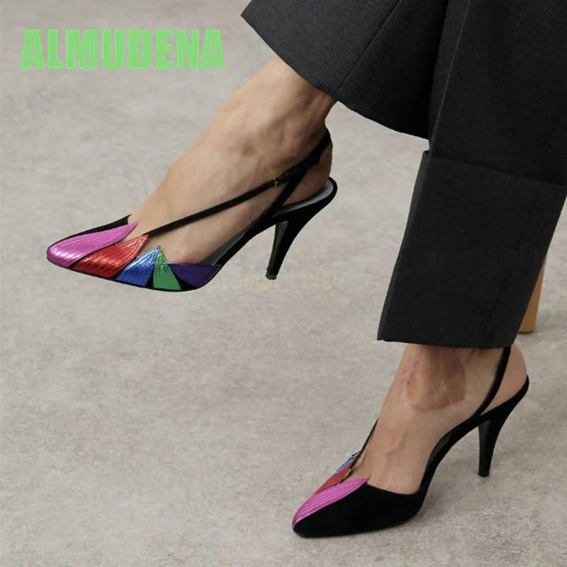 Pointed Toe High Heel Woven Color Block Sandals for Women
