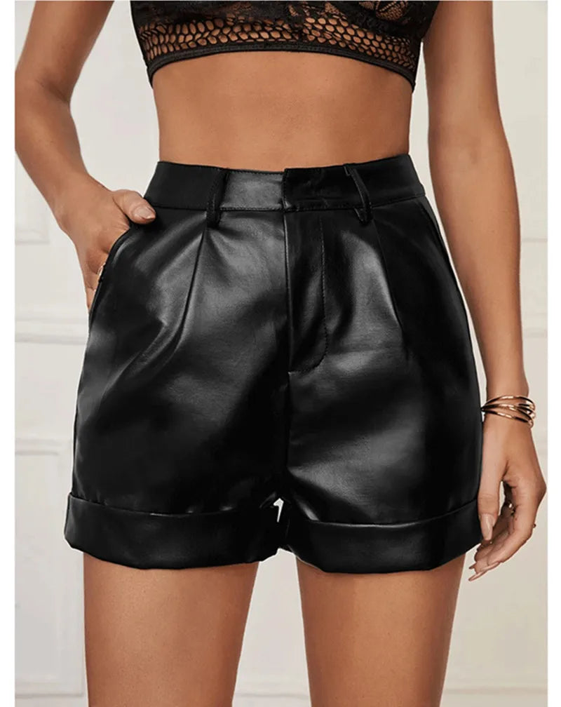 Faux Leather Mid Waist Pocketed Casual Shorts for Women
