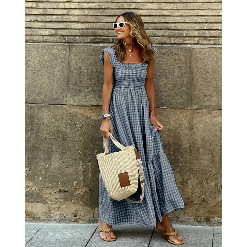 Flowy Plaid Backless Maxi Dress with Elastic Waist for Women