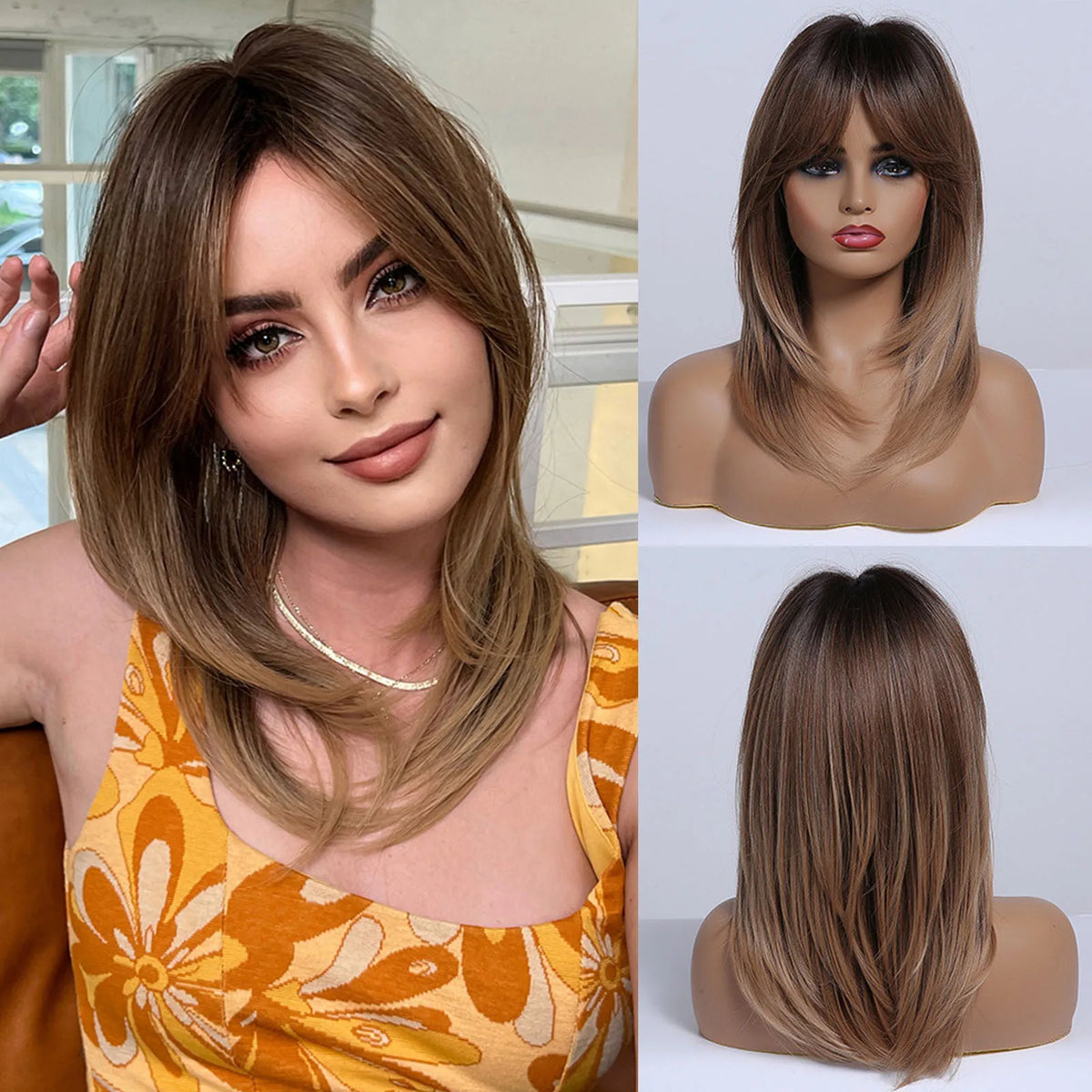 Long Straight Layered Blonde Wig With Bangs for Women
