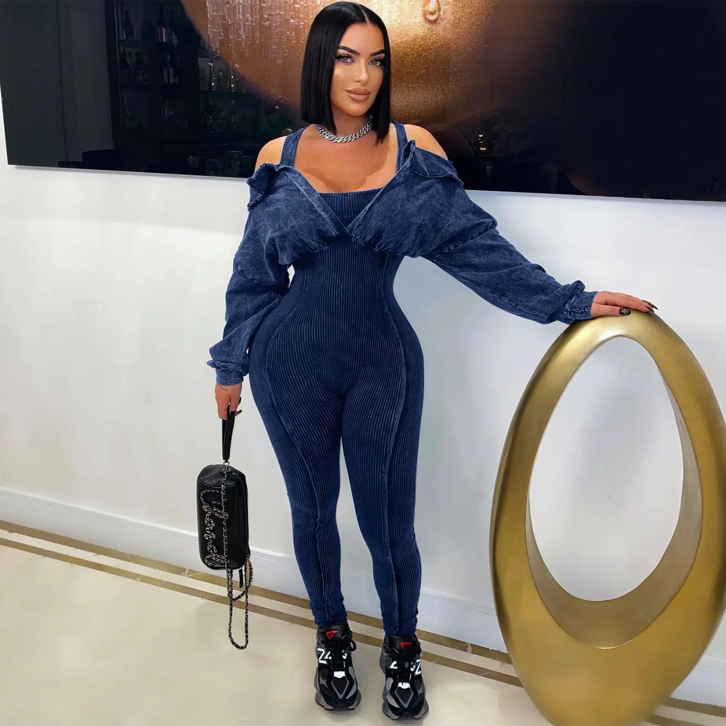 CM.YAYA Fashion Women Knit Ribbed Long Sleeve Moto Biker Jumpsuits Strap Autumn Washed Streetwear Slim One Piece Suit Romper
