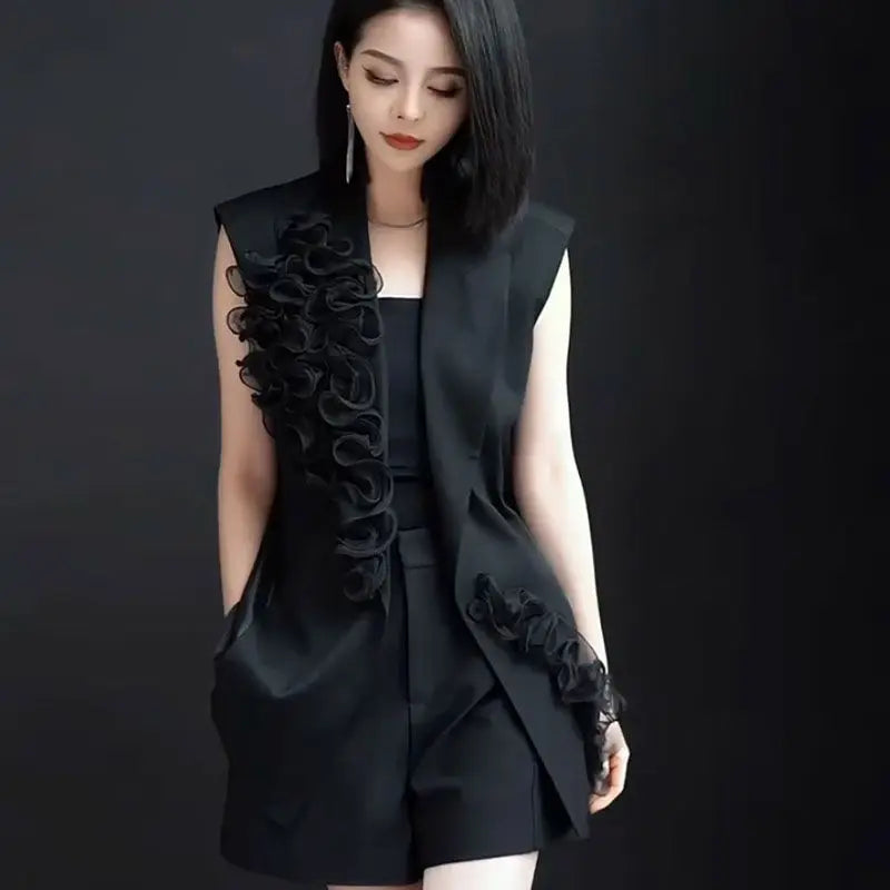 Black Floral V Neck Vest And Shorts Two Piece Set For Women