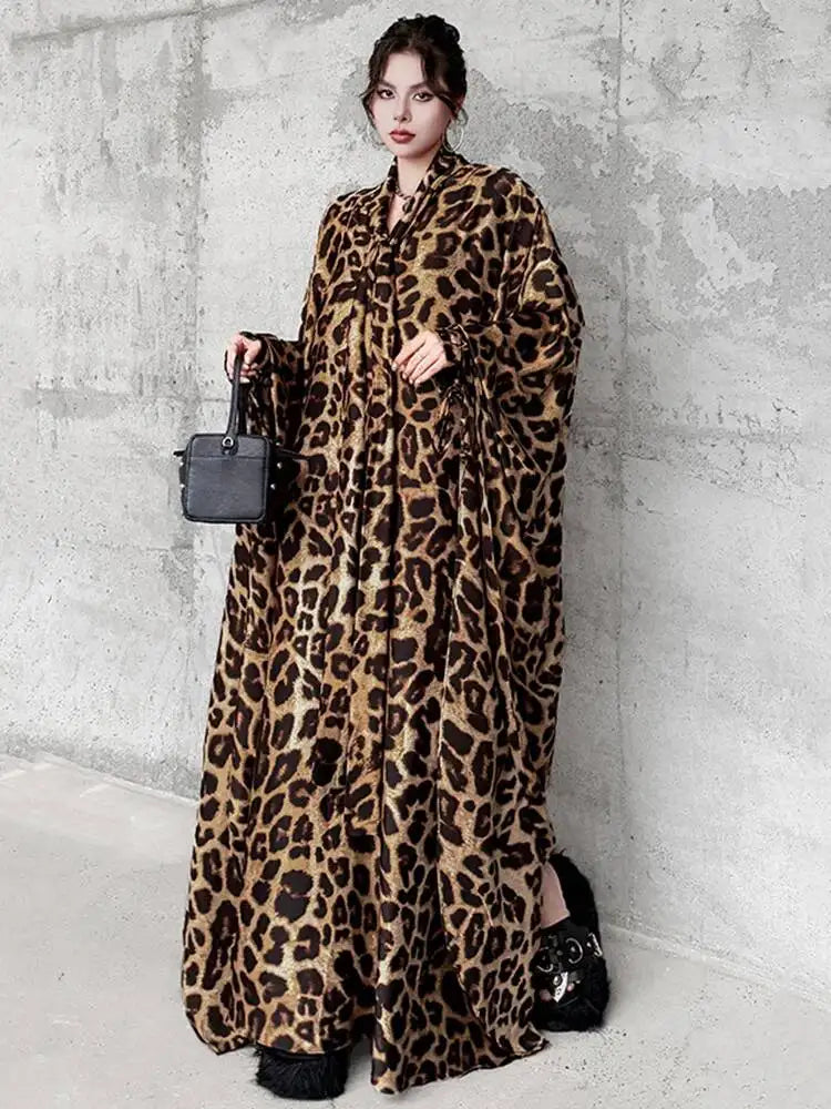 Leopard Print V-Neck Long Sleeve Midi Dress for Women