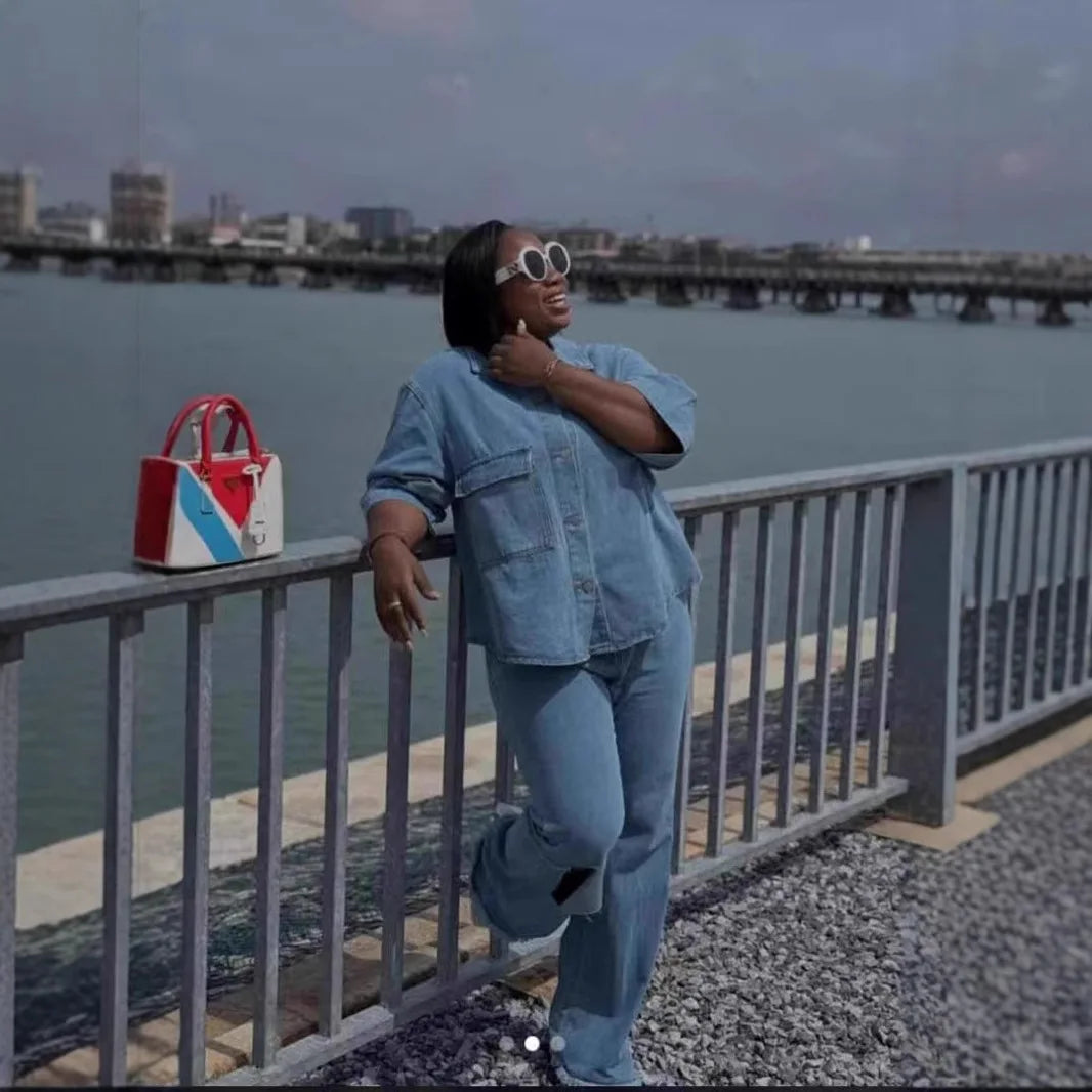 Denim Pant Set Women Two Piece Sets Turn Down Collar Matching Sets Single Breasted Shirt Tops Wide Leg Long Pants High Waist