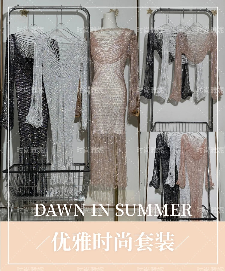 Fashion Heavy Diamond Shawl Bust Long Sleeve Top Sexy Girl Evening Dress V-Neck Slim Hip Wrap Tassel Suspender Dress 2-piece Set
