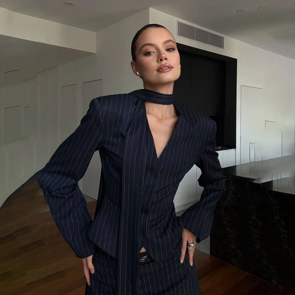 Single Breasted Blue Striped Blazer Skirt Set for Women