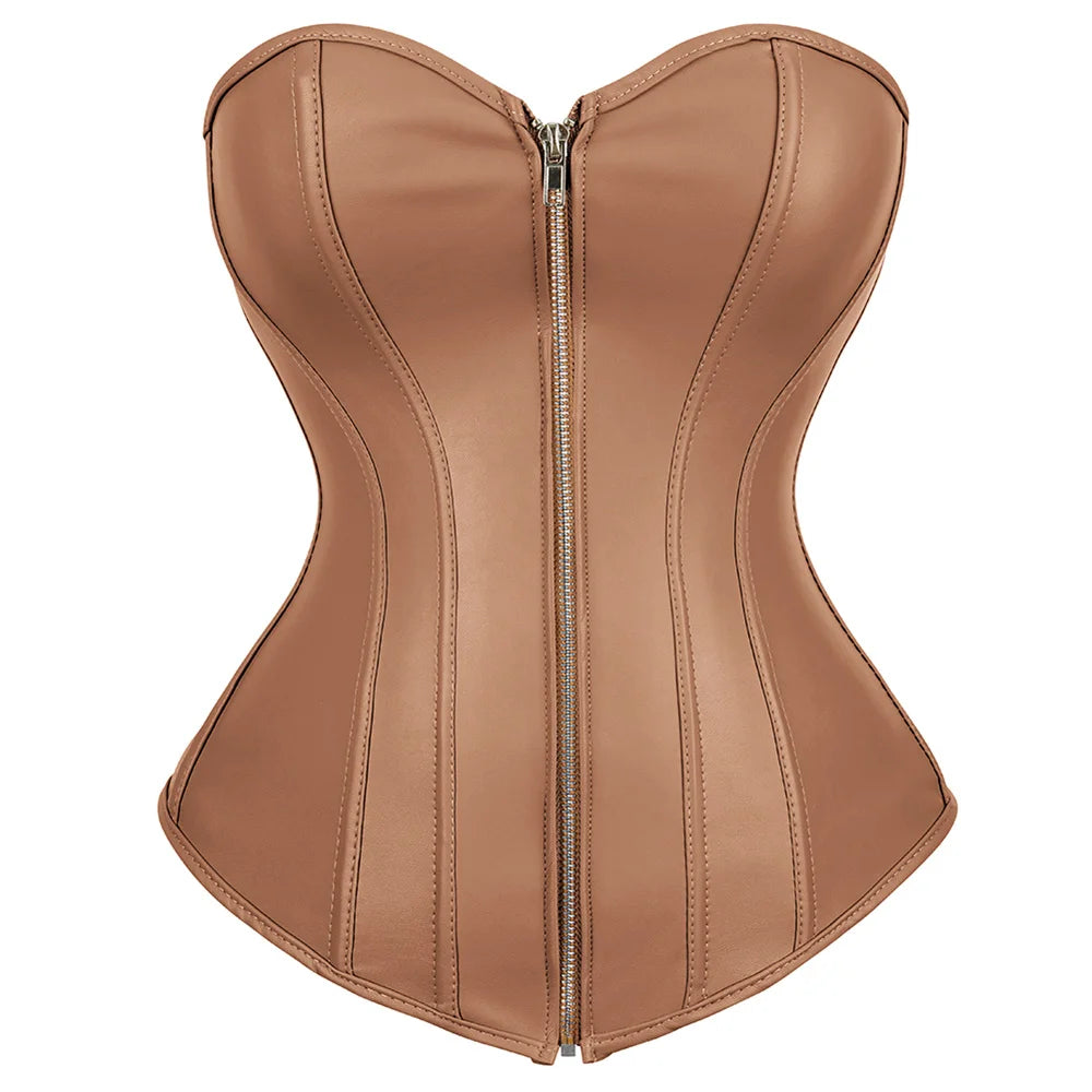 Steampunk Faux Leather Overbust Corset With Zipper for Women