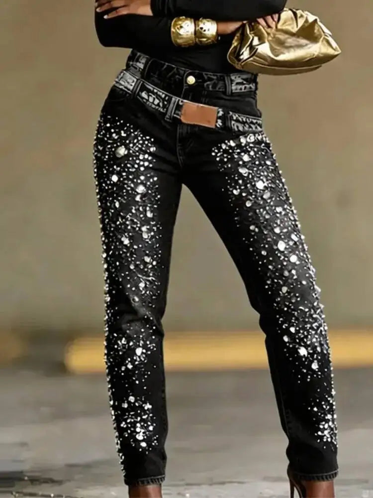 Rhinestone Washed Denim Jeans for Women