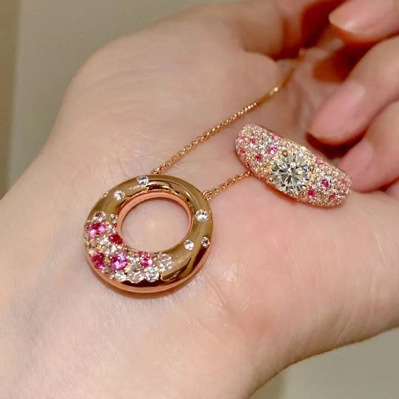 PANSYSEN 925 Sterling Silver Sparkling Pink Sapphire High Carbon Diamond Pendant Necklace 18K Gold Plated Wedding Party Jewelry