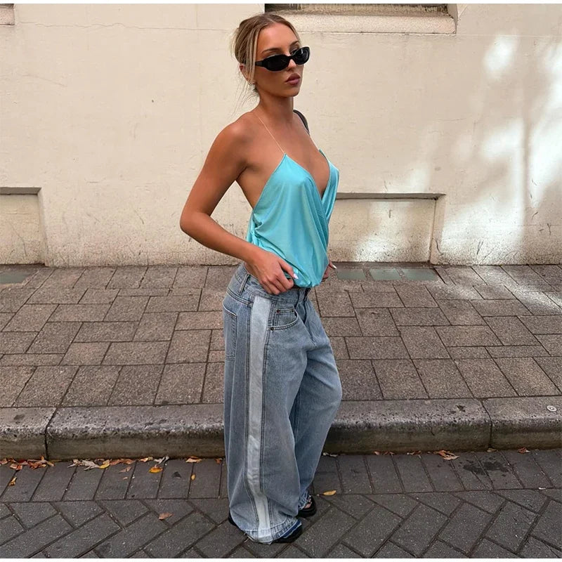 Loose Pleated Halter V Neck Backless Camisole Top for Women