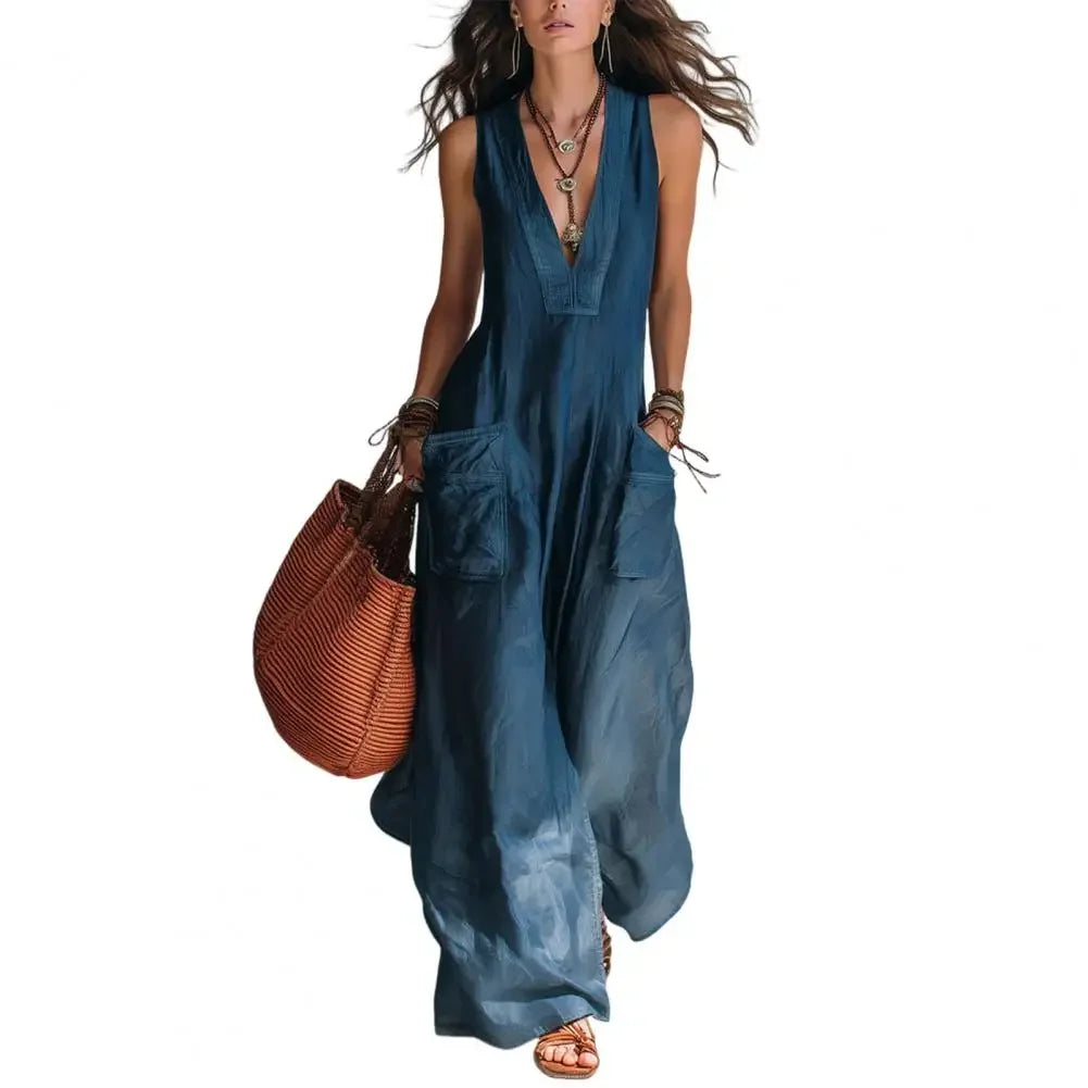 Sleeveless V Neck Loose Wide Leg Casual Jumpsuit For Women