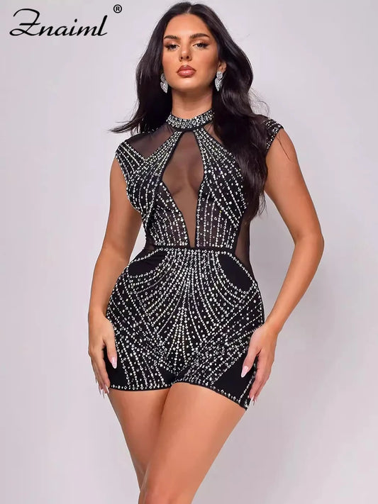 Znaiml Women's Short Jumpsuits Black Rhinestone Sleeveless Romper Birthday Mesh See Through Skinny One Pieces Playsuits Clubwear