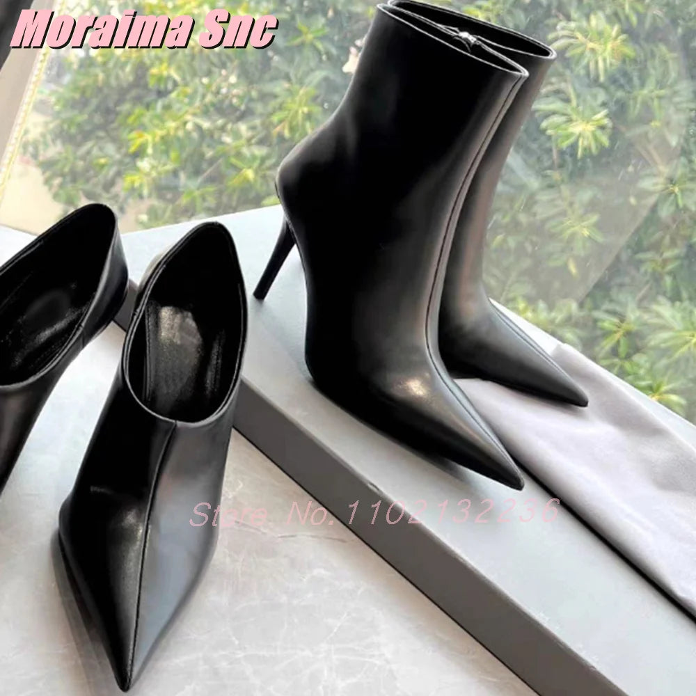 Black Pointed Toe Stiletto Heel Side Zipper Ankle Boots For Women