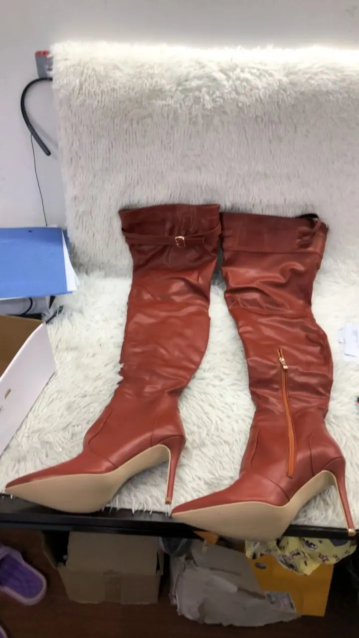 Pointed Toe Solid Leather Over The Knee Boots For Women
