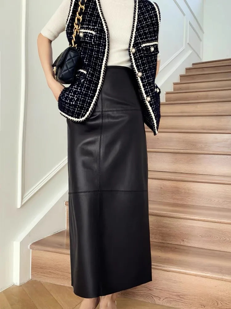 Long Skirt For Women 2025 New Fashion Vintage Black Genuine Sheepskin Leather Pencil Skirts High Waist Elegant Luxury
