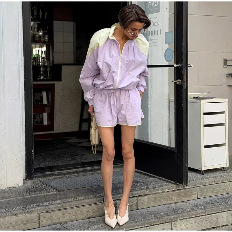 Contrast Half-Zip Stand Collar Short Jacket for Women
