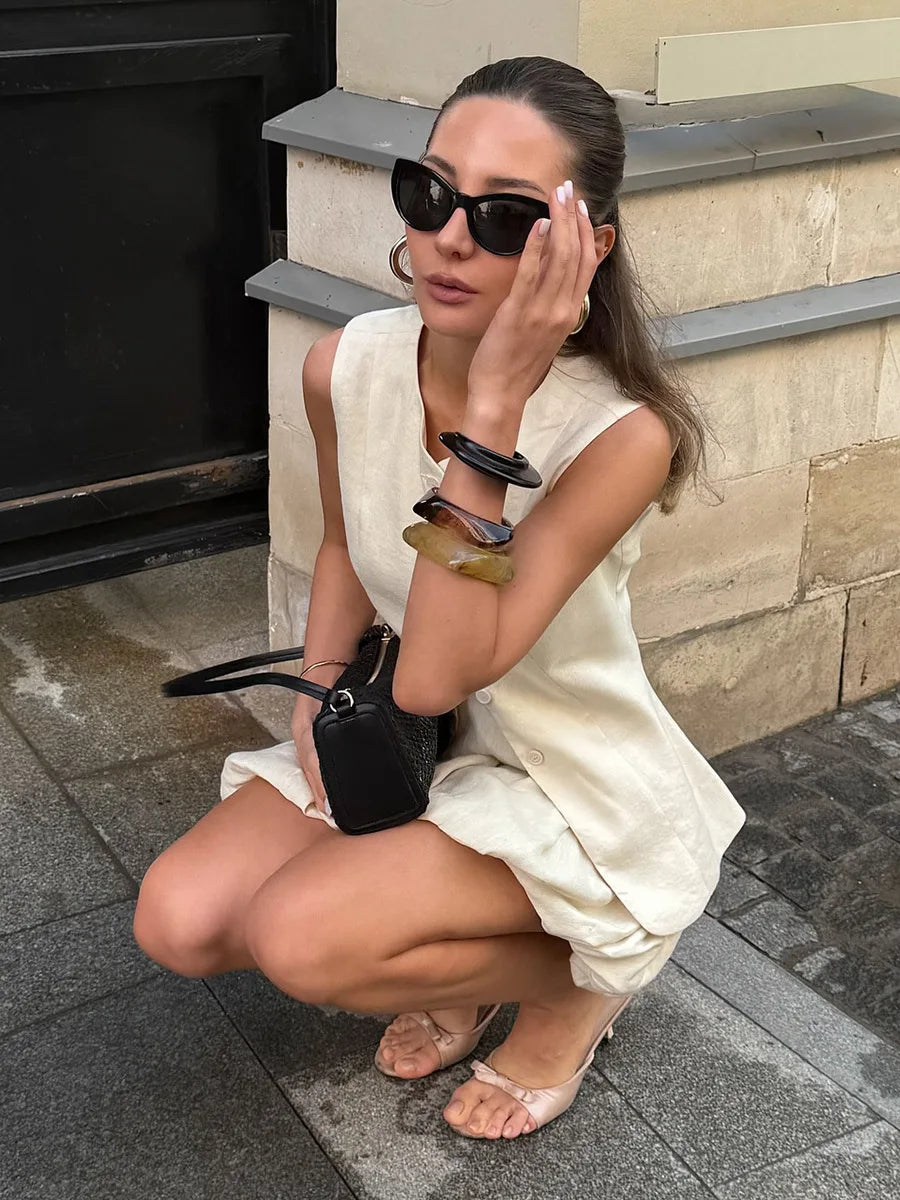 Casual Cotton Sleeveless Mini Skirt And Top Set for Women