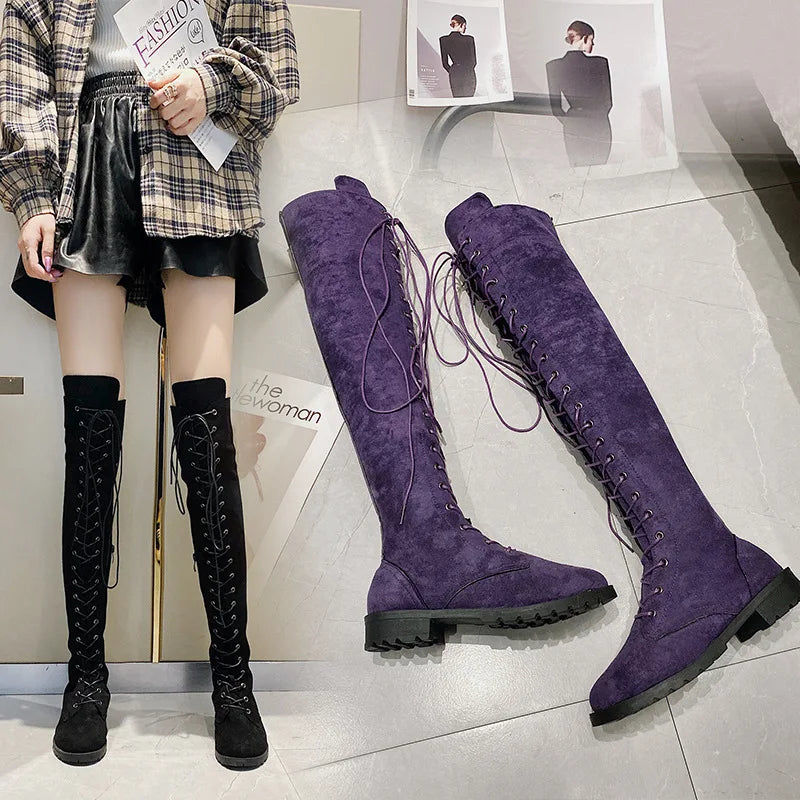 Lace Up Low Heel Winter Over The Knee Boots for Women