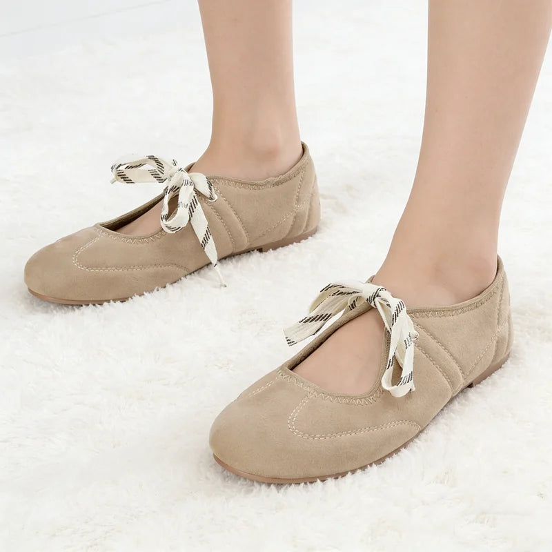 Lace Up Faux Suede Mary Jane Ballet Flats for Women