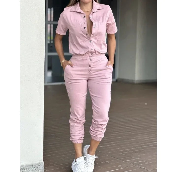Women's Jumpsuit Summer 2025 Fashion Ankle Tied with A Lapel Pocket and Elastic Buttons At The Waist Short Sleeved Bodysuit Pant