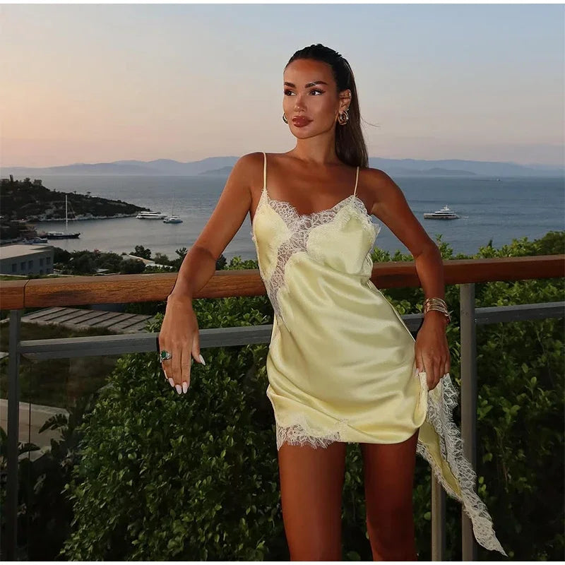 Brown Satin Lace Splicing Sling Dress Women Elegant Irregular Hem V Neck Backless Sleeveless Gown Chic Women Party Club Vestidos