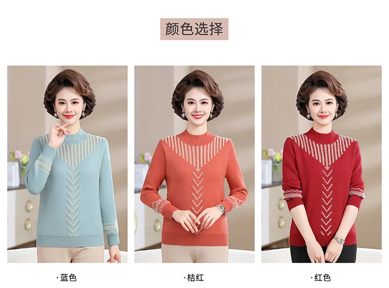 2025 Autumn New Mom's Velvet And Warm Knitted Embroidered Bottom Shirts Imitation Mink Fleece Winter Inner Plsh Thick Pullover