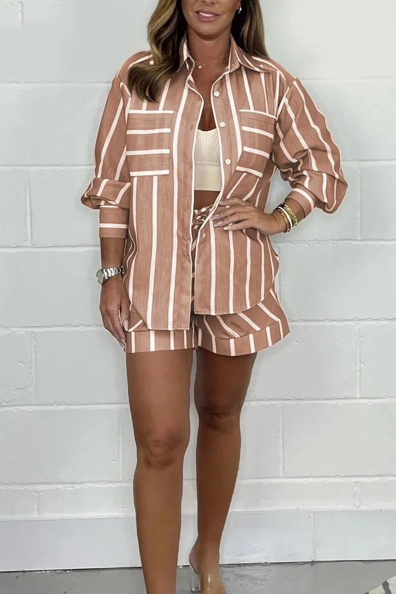 Striped Long Sleeve Casual Two Piece Set for Women