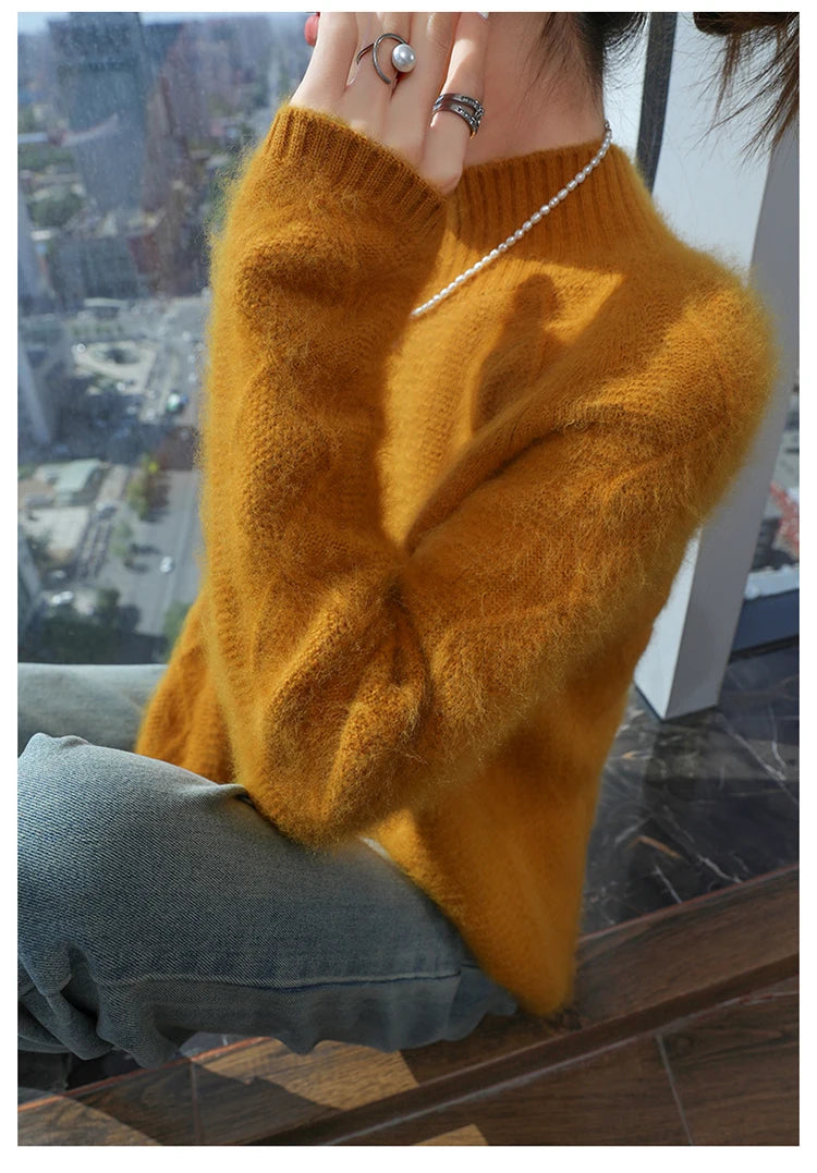 Floral Jacquard Long Sleeve High Neck Knit Sweater for Women