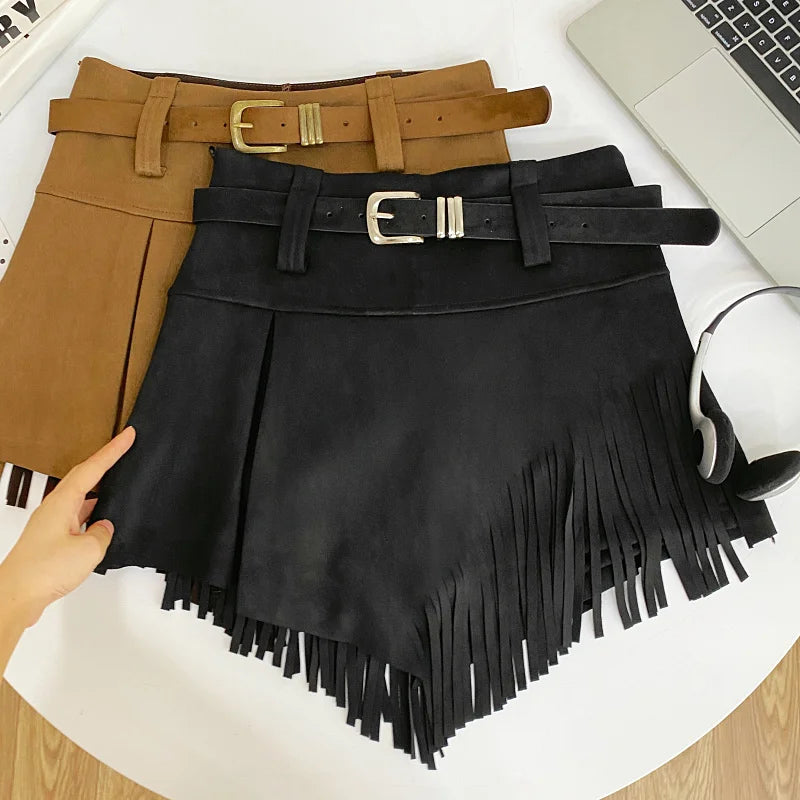 Tassel Detail Faux Suede Shorts