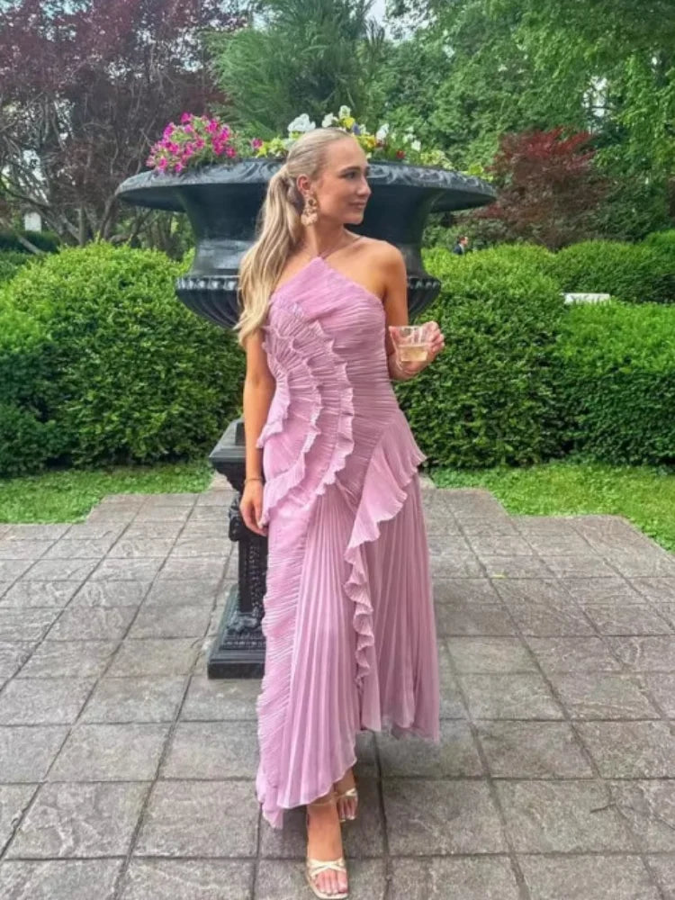 Chic Pleated Halter Neck Long Vacation Dress High Quality Purple Strapless Lotus Edge Maxi Dress 2025 New Lady Vacation Gown
