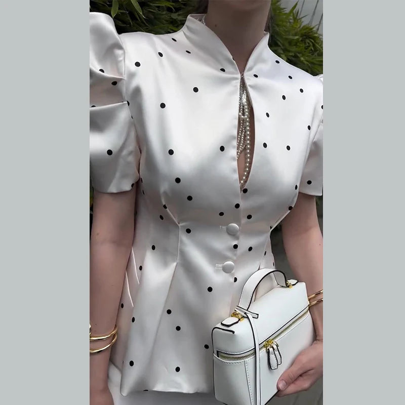 Elegant Printed Puff Sleeve Stand Collar Shirt for Women