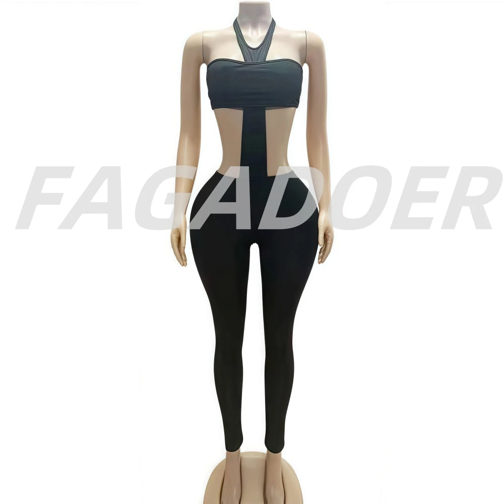 FAGADOER Y2k Sexy Two Piece Outfits Woman Halter Sleeveless Backless Crop Top and Skiny Pants Suits Female Streetwear Clothing
