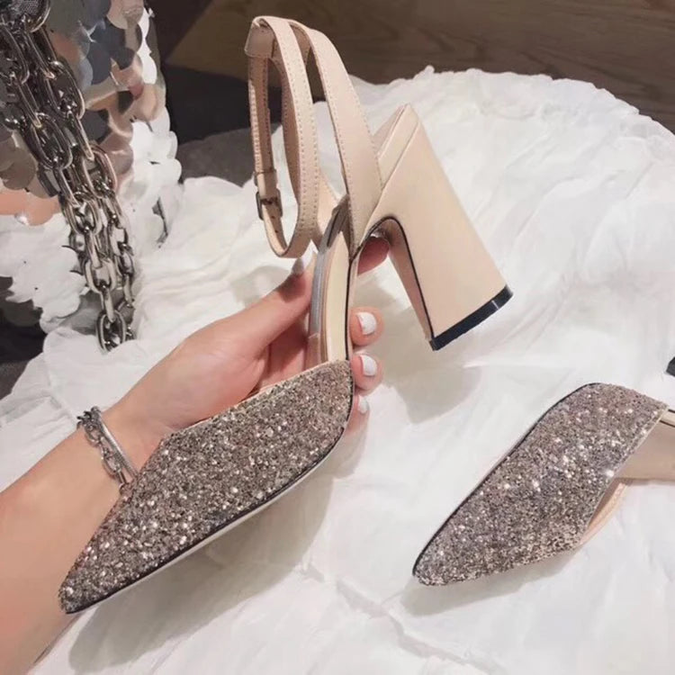 Pointed Toe Crystal Buckle Ankle Strap Square Heel Wedding Pumps for Women