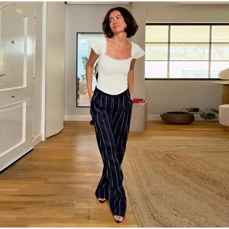 Elegant Striped Two Piece Coat and Pants Set for Women