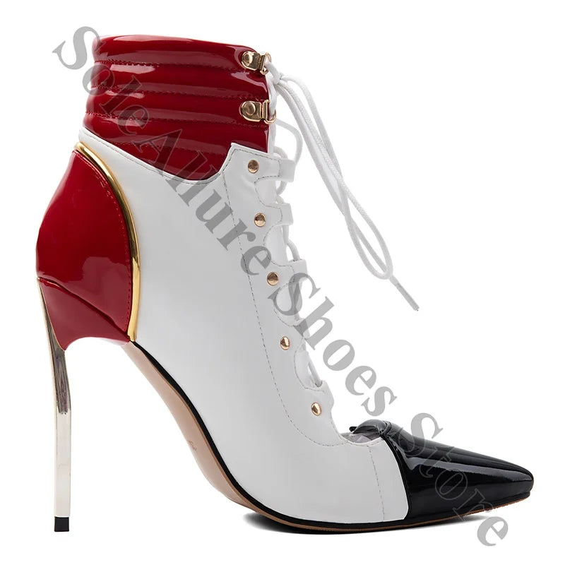 Patent Crisscross Lace Up High Heel Ankle Boots for Women
