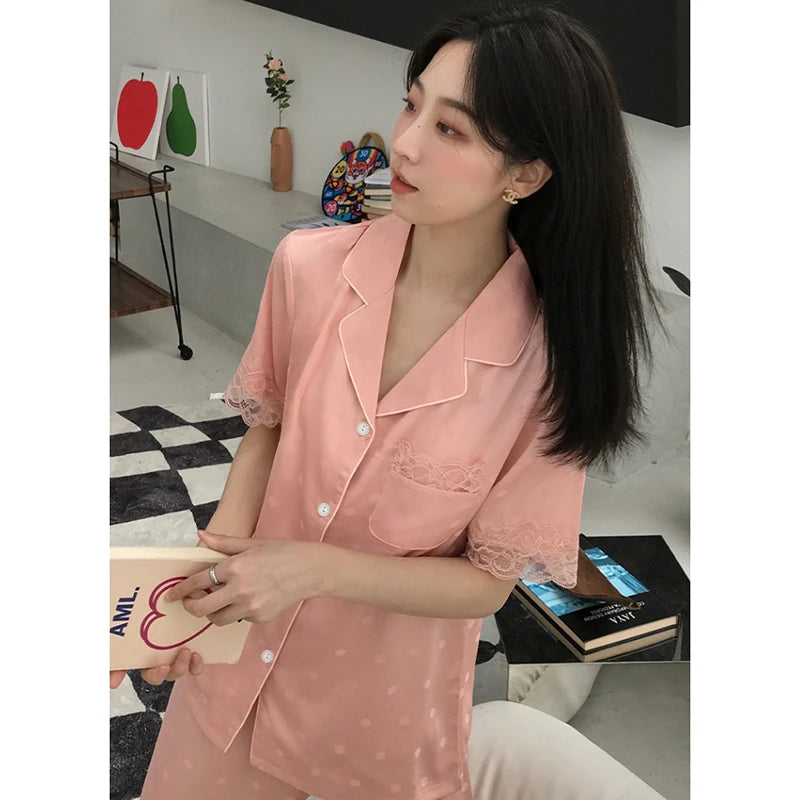 Y2k Pink Sweet Dot Lace Jacquard Women Pajamas French Romantic Lazy Lady Nightgown 2024 New Summer Korean Harajuku Home 2pc Set