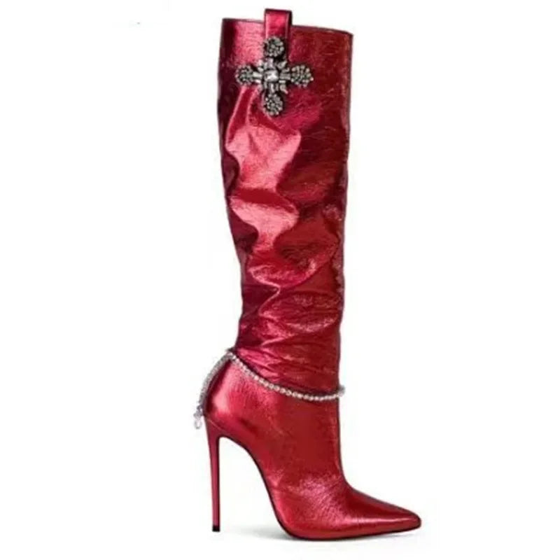 Bright Shining Women Deign Pointed Toe High Heel Knee Boots Crystal Beading High Heel Women Pointy Knee High Boots Plus Size